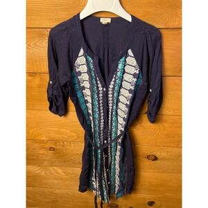 Tiny Anthropologie Embroidered Dress  Tunic‎ Top Navy Blue Teal S Button Women's